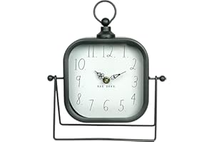 Rae Dunn Desk Clock - Battery Operated Modern Metal Rustic Design with Top Loop for Bedroom, Office, Kitchen - Small Classic Analog Display - Chic Home Décor for Desktop Table, Countertop