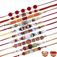 PIKIPOO Presents Rakhi Festival Combo of 10 Multicolour Moli, Woven with Kundan, Zardosi Dora Brother Rakhi Set with Roli Chawal for Men