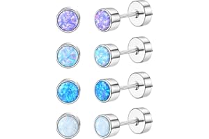 JeweBella 4 Pairs Opal Stud Earrings for Women Girls Stainless Steel Tiny Blue White Purple Opal Earrings Set 3mm/4mm Hypoallergenic Flat Back Stud Earrings for Multiple Piercing