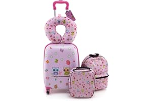 COSTWAY 5 teiliges Kinderkoffer + Rucksack, Kindertrolley mit Lunchbox, Gepäckanhänger & Nackenkissen, Kindergepäck mit Rollen, Handgepäck Reisekoffer Hartschalenkoffer für Jungen & Mädchen (Rosa)