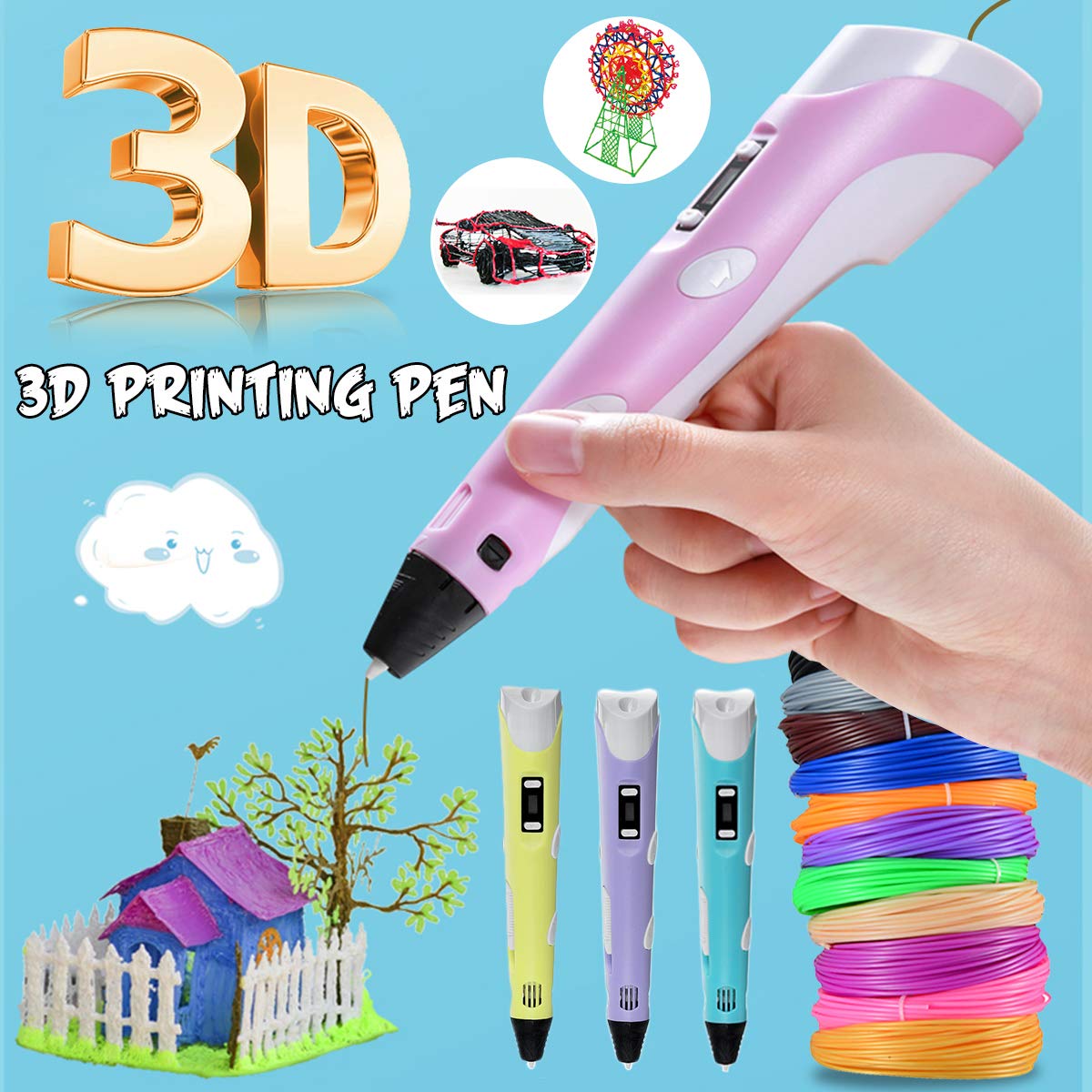 REES52Â® Second Generation 3D Pen for Kids/Adults/Children (3D-Printing Pen for 3D Drawing, Doodling, Arts, Crafts, Model Making) - 3D Pen with Display (Color:Pink)