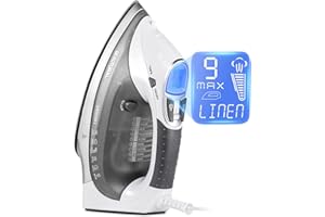 BEAUTURAL 2400 W Steam Iron with LCD Display, Variable Temperature and Double Ceramic Coated Soleplate, 8 ft Power Cord and 340ML Tank-White/Grey
