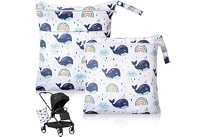 Morocket 2 Packs Wet Bag, Waterproof Nappy Pouch, Reusable Baby Wet Dry Bag, Wet Swimsuit Bag with Zipper, Travel Wet Clothes Bag for Swimming Beach Gym Camping Travel (Rainbow + White)