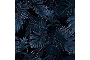 ReWallpaper Papier Peint Bleu Motif Vintage Papier Peint Adhesif Mural Chambre Adulte Papier Peint Feuillage Noir Bleu Papier Peint Feuille de Palmier Tropicales pour Salon 44,5CM × 3M