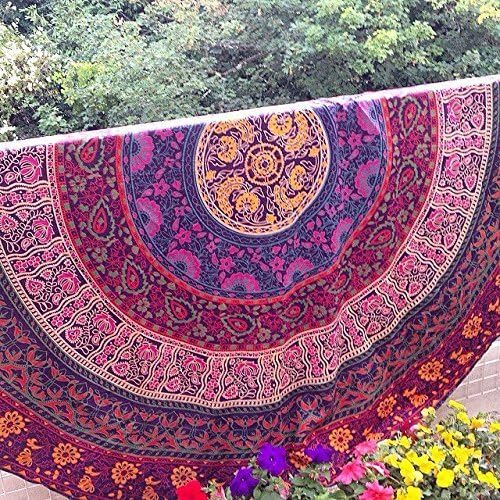 Indian Circle of Flowers Purple Round Roundie Mandala Peacock Tapestry Wall Hanging Throw Beach Picnic Blanket Round Bed Sheet by bohomandala