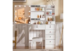 LIANWANG Hollywood Vanity Makeup Table Set with Adjustable Brightness Mirror and Stool, Dressing Table Dresser with 6 Drawers and 6 Open shelves for Girls