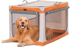 A 4 Pet Hundebox faltbar große Hunde,Hundebox für zuhause Auto Hundetransportbox Soft tragebar, leicht zu verstauen mit montiertem Aluminium Rahmen, einstellbare Kompatibilität (L, Orange+Beige)