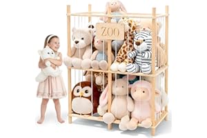 aiwo Wooden Stuffed Animal Storage Organizer for Kids, Soft Toy Storage with Elastic Bands, Zoo Plush Toy Holder for Nursery, Kids Room & Playroom