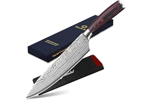 Sunnecko Couteau Japonais 20cm avec Manche Bois, Couteau Cuisine en Acier Inoxydable, Couteau Chef Professionel à Viande Légumes, Couteaux de Cuisine Rayures Lasé