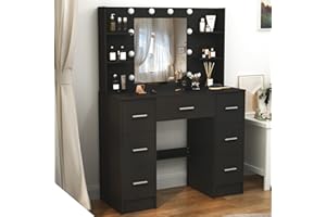 Caulitar Dressing Table with LED Lights and Mirror, Large Vanity Makeup Table with 7 Drawers, Adjustable Brightness, 3 Color Temperatures, 100x40x140 cm, Black