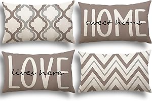 YCOLL Federe Cuscini Divano 30 x 50 Set di 4, in Lino, da Esterno, Decorativi Motivo Geometrico, Soggiorno Letto Copricuscino Cachi 30 x 50
