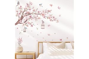 wondever Kwiatowe naklejki ścienne, różowe i białe, magnolia, gałąź drzewa, ptaki, odklej i przyklej, sztuka, do salonu, sypialni, za telewizor