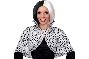 I LOVE FANCY DRESS LADIES DALMATIAN PRINT COLLARED CAPE + BLACK/WHITE BOB WIG - EVIL DOG LADY SCHOOL BOOK WEEK + WORLD BOOK DAY FANCY DRESS COSTUME ACCESSORY (STANDARD SIZE)