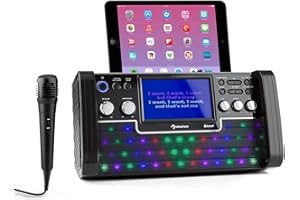 auna DiscoFever - Equipo Karaoke 2 microfonos Bluetooth, Altavoz Karaoke con Microfono dinámico, Entrada AUX, USB, Eco y Balance, programable, Función repetición, Leds, Soporte Tablet, Negro