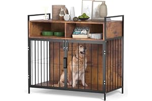 HUHOTE Hundekäfig Möbel, Hundebox für Zuhause, Hundekiste für Hunde, Hölzerne Hundezwinger mit Schublade, 2 Türen, Moderne Hundehütte Holz Indoor für Große Hunde, Hundekäfig für Zuhause, 100x52x93 cm, Braun