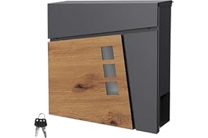 ML DESIGN MODERN LIVING ML-Design Boîte aux Lettres 37x36,5x11 cm Anthracite/Optique Bois, en Acier, Boîte Postale avec Compartiment à Journaux/Courrier, Verrouillable avec 2 Clés, Murale, Design Moderne avec Porte-Journaux