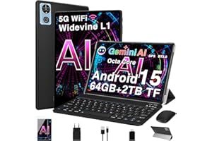 ‎DEERTIME Tablet 10 Zoll Android 15 Tablets mit 64GB+2TB TF, Gemini AI, Widevide L1 FHD IPS, Octa-Core 2.0GHz, 5G+2.4G WLAN, 8MP+5MP, BT5.0, Face ID,6000mAh, BT5.0, GMS Tablet mit Tastatur und Maus - Schwarz