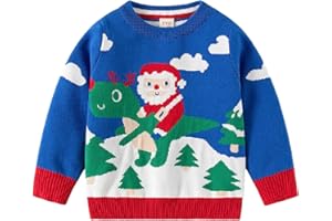 Fandecie Jersey Navideño Niño Niña,Cuello Redondo, Suéter de Punto con Reno Puro, Papá Noel Algodón 2-7 Años