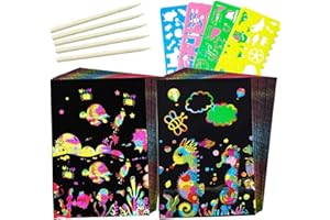 JEFFOUOO Kratzbilder Set für Kinder,59-teiliges Kratzpapier Set,Große Blätter Regenbogen Kratzpapier Zum Zeichnen und Basteln,Kratzbilder mit 4 Schablonen 5 Holzstift für Jungen Mädchen Erwachsene DIY