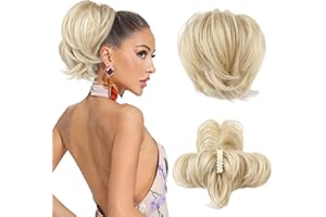 REECHO Messy Bun Hair Piece - Claw Clip Short Ponytail Extension with Bendable Metal Wire Fake Bun Hair Pieces for Women - Blonde with Highlights