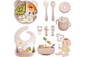 Bizcasa Set Pappa per Bambino, 11 Pezzi, Set Pappa Svezzamento per Bambini in Silicone, Senza BPA, Set di Posate per Bambini Antiscivolo con Ventosa Piatto Ciotola Tazza Bavaglino (Beige)