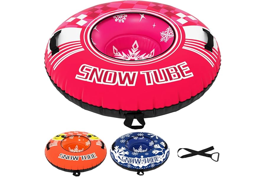 COSTWAY 42”/52" Inflatable Snow Tube, Heavy-Duty Sled Ski Tube with Handles, Premium Oxford Cover and Tow Strap, Outdoor Snow Sledge Fun Toys for Kids & Adults