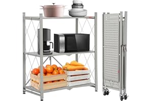 DEANIC Pieghevole 3 Ripiani Scaffali in Metallo, Scaffale Cucina su Ruote, Scaffali in Metallo per Garage con Capacità di Carico Fino a 250 KG, 71 x 36 x 87cm Scaffalatura Installazione Gratuita, Grigio