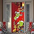 Green Christmas Door Cover Decorations, 71×35In Green Doll Door Banner Photography Porch Sign with Stealing Gifts for Xmas Outdoor Home Decor (Green Red-Cartoon Bag)