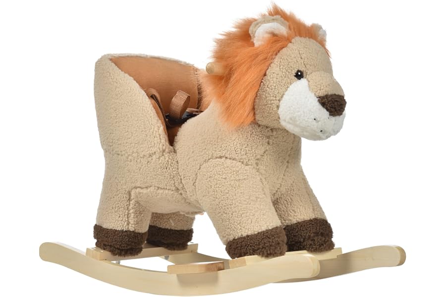 HOMCOM Baby Rocking Horse, Plush Ride on Lion Seat for Toddlers 18-36 Months with Sound, Seat Belt, Wood Base, Animal Rocker for Children, Brown
