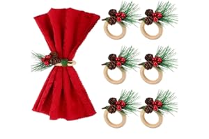 RETOTENG 6 Pieces Christmas Napkin Rings Holder Pine Cones Poinsettia Pumpkin Wooden Napkin Rings Decor for Christmas Thanksgiving Birthday Party Supplies