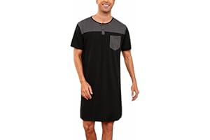 Jahetuul Chemise de Nuit pour Hommes avec Poches Pyjama Homme Manches Courtes Design Color-Block Tee-Shirt de Nuit en Coton avec Boutons Vêtements de Nuit Homme Haut de Pyjama Doux et Respirant