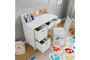 FEFE® Wooden White Study Desk for Children with Chair, Bulletin Board and Drawers, Gift for Ages 5-14 Computer Desk Home School Student Study PC Writing Desks Table for Small Spaces