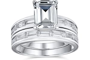 BLING JEWELRY Personalizar Tradicional Estilo Art Deco 2Ct Corte Esmeralda Baguette Anillo De Boda Aaa Cz Aniversario Anillo De Compromiso Set Para Mujer .925 Plata De Ley Personalizable