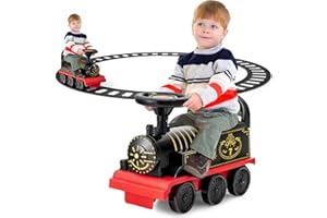 COSTWAY Kids Electric Ride on Train with Tracks, Storage Seat, Flashing Lights & Music, 6V Battery Powered Ride on Toy Car for Children Toddler Gifts (Black)