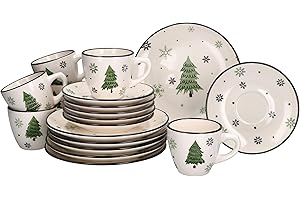 MamboCat Weihnachtsbaum 18tlg Kaffeeservice I Steingut-Kaffeeset für 6 Personen mit Tannenbäumen & Schneeflocken I Je 6x Kaffeetassen 150ml, Untertassen & Kuchenteller für Weihnachten & Nikolaus
