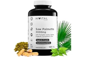 HIVITAL FOODS Saw Palmetto 3000 mg. 180 capsules vegan pour 3 mois de traitement. Avec Serenoa Repens, graines de citrouille, ortie, pygeum africanum, lycopène et Zinc. Fabriqué en Europe par HIVITAL