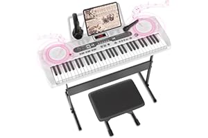 Newfulam Keyboard Piano 61 Tasten für Anfänger, Digital Keyboard Kinder E-Piano Kit mit Notenaufkleber, Klavierbank, Kopfhörer, Mikrofon, Klavierständer, Lehrmodus