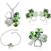 Parure Bijoux Trèfle à Quatre Feuilles Strass - Collier Bracelet Boucles D'Oreilles Femme