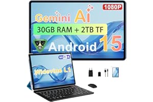 Biegedy 2026 Dernier Tablette 10 Pouces Android 15 avec Gemini AI, 30GO RAM + 2TO TF, Octa-Core, 5G WiFi 6, Widevine L1, GMS, GPS, BT 5.0, 6000mAh, 5MP+8MP, Tablette avec Clavier+Souris et Cas-Bleu