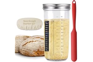 E&Woma Juego de tarro de iniciación de masa madre con tapa, tarro redondo de vidrio de 650 ml + cubierta de tela raspadora de silicona, diseño de termómetro reutilizable para fermentación de pan, todo