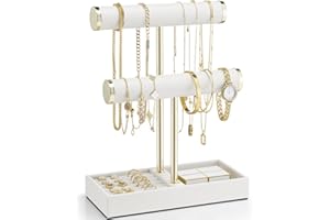 Vlando Jewellery Stand, 2 Tier Jewellery Oragniser with Jewellery Tray,Jewellery Box,Necklace Stand Bracelet Holder, Jewellery Holder for Earrings Rings,White