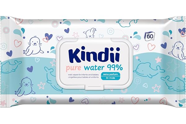 Kindii Lingettes Humides pour Bébés Pure Water 99% - (60 Pièces) Lingettes Humides - 99% eau, allantoïne, non parfumée, testée dermatologiquement, pour peaux sensibles - 60 Pièces