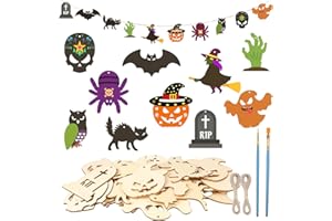 Matogle 30pcs Halloween Deko Basteln aus Holz Halloween Bastelset Kinder Holzanhänger zum Bemalen Holzbastelsets mit Pinsel Kunsthandwerk Spielzeug Geschenk DIY Handwerk für Halloween Party