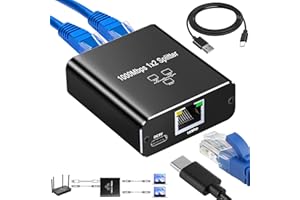 BLKING Ethernet Splitter 1 to 2 - 1000Mbps Gigabit Network Switch with USB-C Power Cable (2 Ports Working Simultaneously)