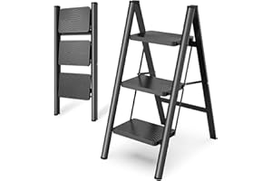 HBTower Escabeau 3 Marches Pliable, Léger et Compact, Marchepied Antidérapant, Cadre en Acier Robuste, Charge Maximale 150 kg, Portable pour Maison et Cuisine