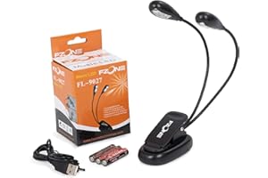 WOODBRASS Fzone FL9027 Clip on LED double music stand light, black, with 2 x LED bulbs per arm - including USB power cable and batteries