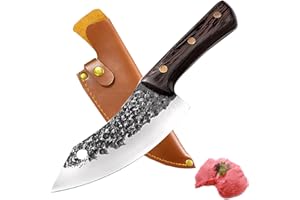 Fubinaty Couteau de chef forgé à la main Couteau à désosser en acier à haute teneur en carbone Couteaux de cuisine avec gaine en cuir et manche en bois pour la maison, le camping, le barbecue