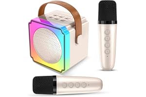 Auney Mini Karaoke Machine for Kids Adults with 2 Microphones,Portable Karaoke Machine with Voice Changing Effects & Led Lights for Family Party,Birthday Gifts Toys for 3-18 Year Old Girls Boys(Beige)