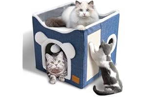 CATISM Legowisko dla kotów domowych, składana kostka, domek dla kota, do wewnątrz, wielofunkcyjna duża jaskinia dla kota z deską do drapania i puszystą piłką dla zwierząt domowych, 40 x 40 x 38 cm,