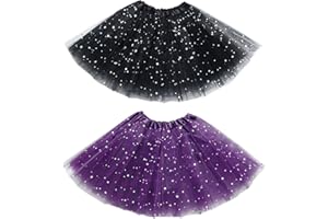 EUPSIIU 2 Stücke Tütü Star Minirock, Tüllrock Kinder Mädchen Röcke Tutu, 3 Schichten Tüll Paillette Ballett (Schwarz, Lila)